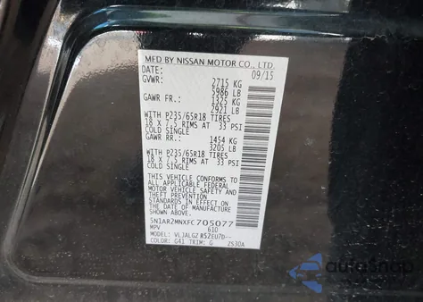 2015 Nissan Pathfinder Sl z USA, uszkodzony, nr VIN 5N1AR2MNXFC705077